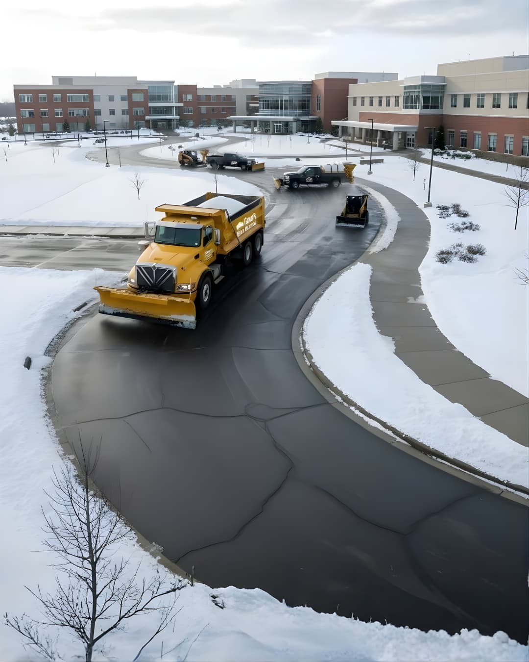 Commercial snow hauling and removal services in Arlington MA, showing a loader transferring excess snow into a dump truck for off-site removal.