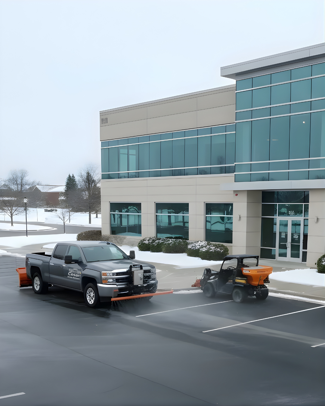 Advanced commercial ice management in Arlington MA with two vehicles applying granular and liquid de-icers in a parking lot.
