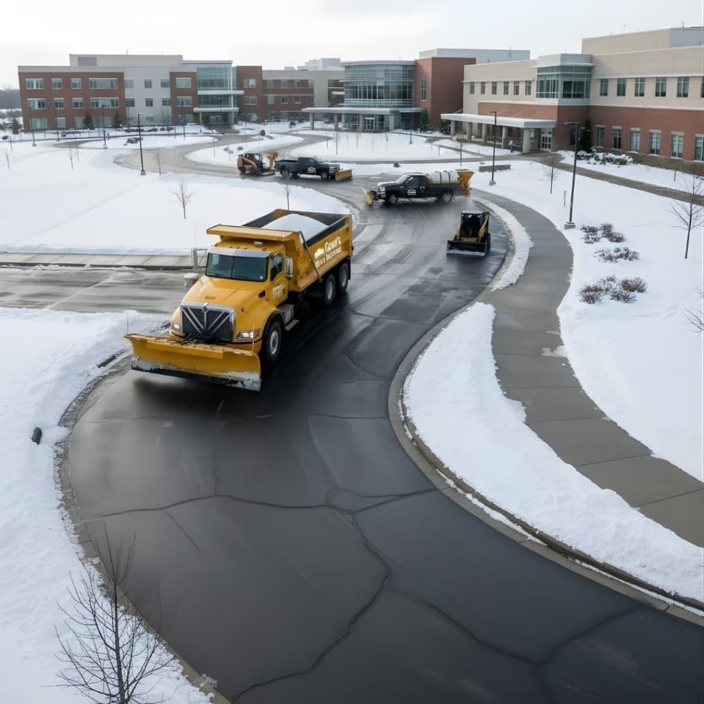 Comprehensive ice and snow management services in Arlington, MA, showing a large salting truck and plowing fleet clearing a corporate entrance.