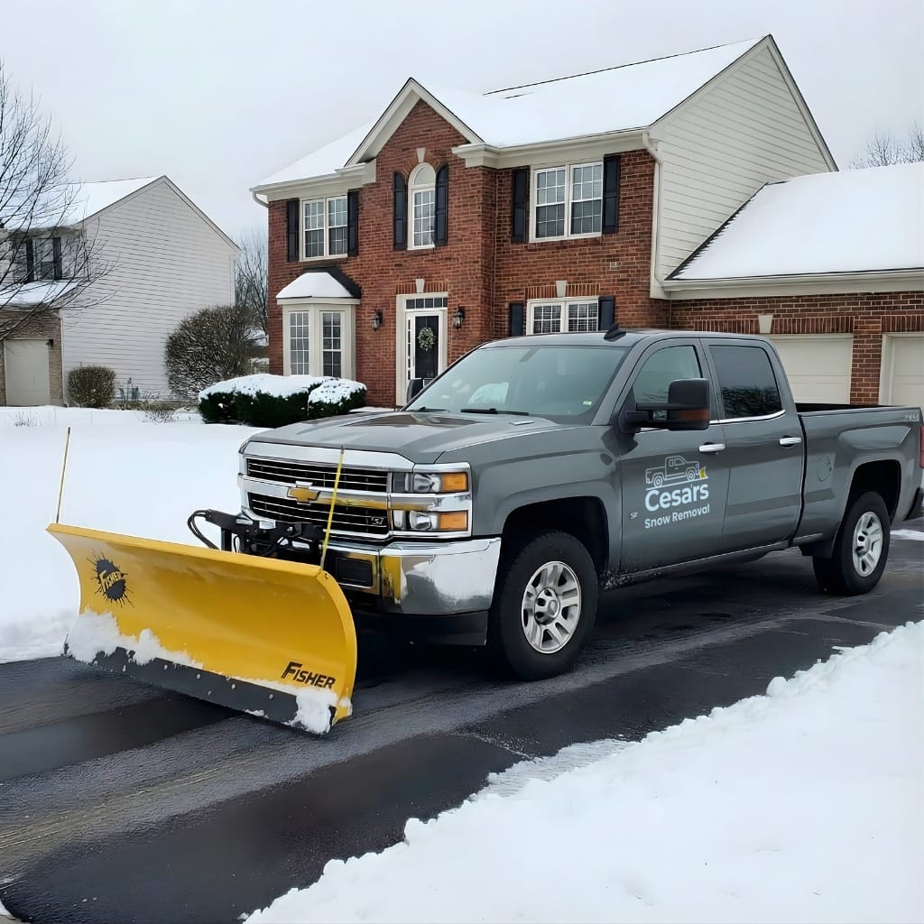 alternativo Servicio de retirada de nieve completado en Arlington, MA, mostrando un camión MAS tras despejar el pavimento residencial