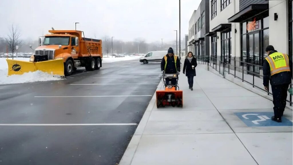 Mas Snow Removal providing integrated commercial snow services in Arlington, MA: parking lot plowing, sidewalk clearing, and ice management for safe, compliant winter access.