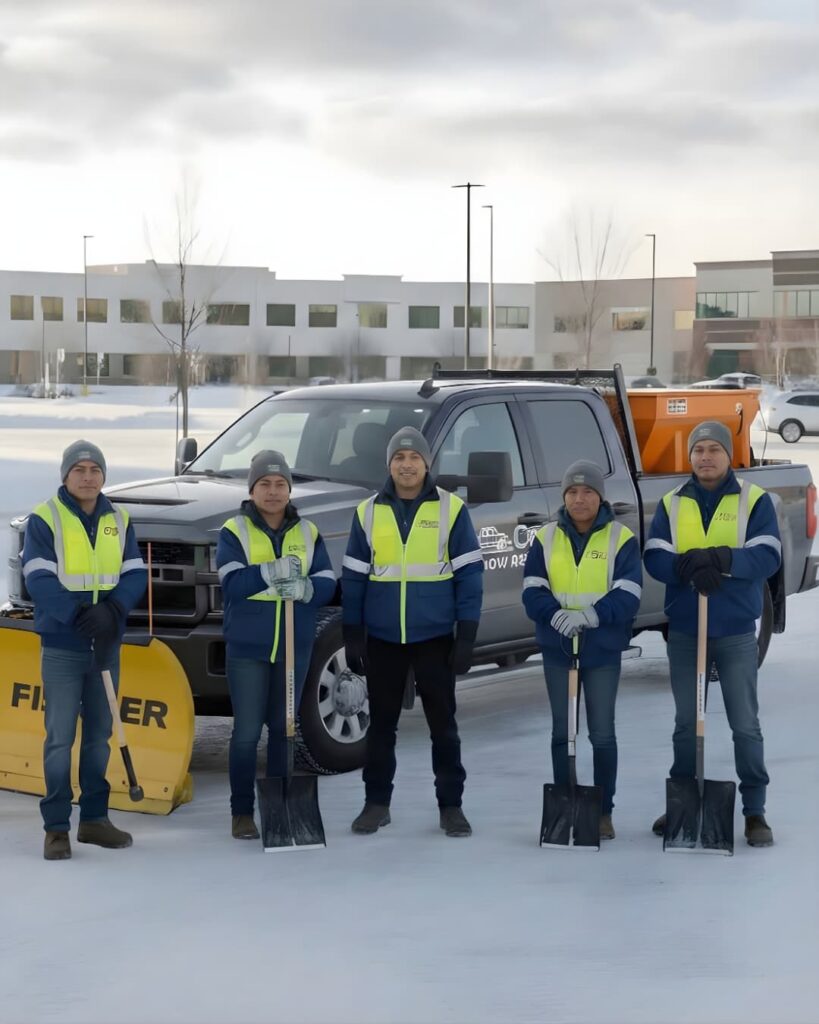 MAS-Snow Removal's professional team standing with shovels in high-visibility gear, emphasizing trusted commercial snow services in Arlington MA.