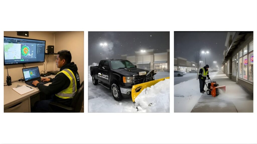 Mas Snow Removal’s storm response cycle in Arlington, MA: real-time monitoring, automatic dispatch at first snow, and continuous property maintenance until the storm ends.