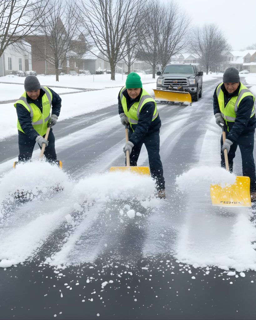 Commercial sidewalk clearing services in Arlington MA, showing specialized compact sweepers maintaining a busy retail walkway.