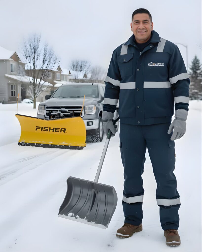 Ma Snow Removal team member standing with snow shovel in front of a residential plowing truck, emphasizing professional service in Arlington MA.
