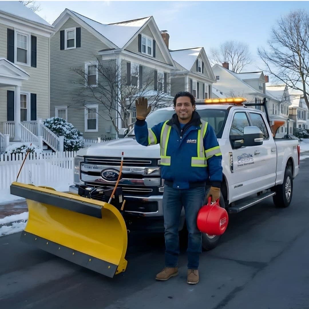 MAS-Snow Removal team member waving in front of a plowing truck, highlighting reliable residential snow removal in the Greater Boston area.