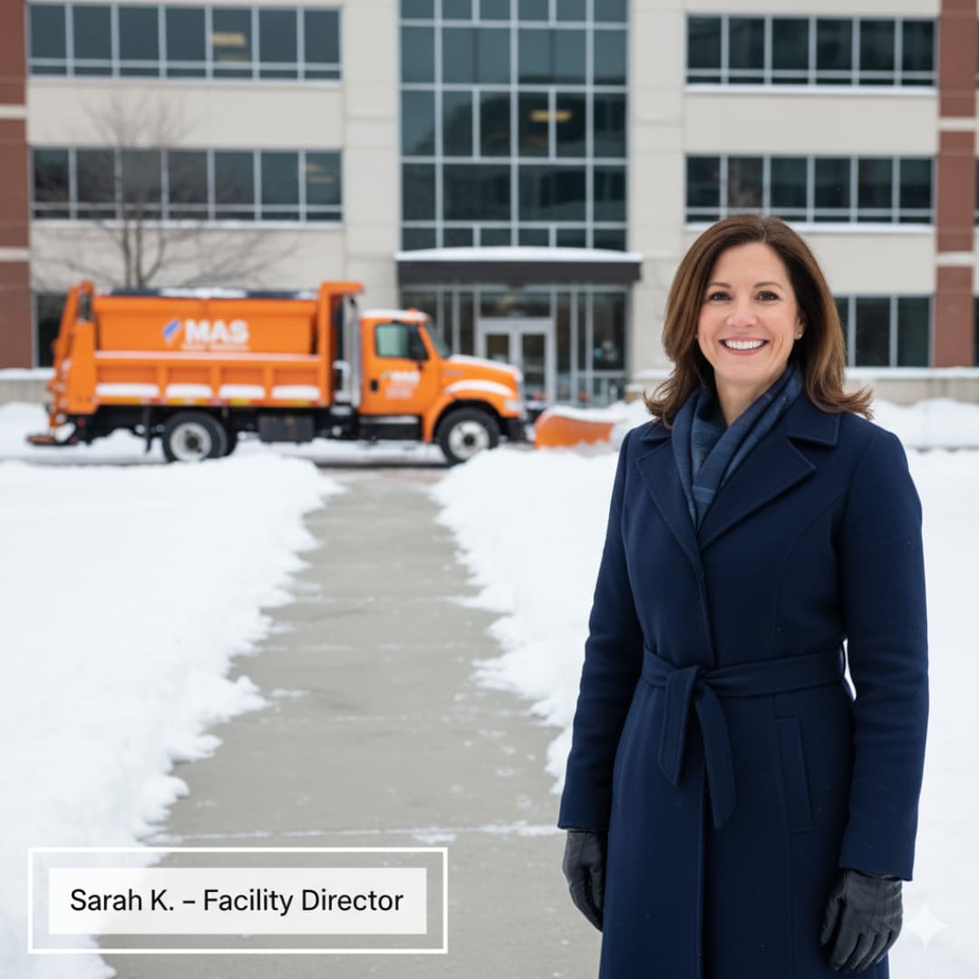 Sarah K., satisfied Facility Director, standing in front of MAS-Snow Removal's commercial plowing truck, highlighting trusted service in Arlington MA.