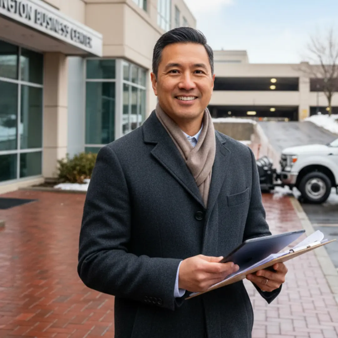 Robert Chen, satisfied Property Manager at the Arlington Business Center, demonstrating trust in MAS-Snow Removal's commercial servic
