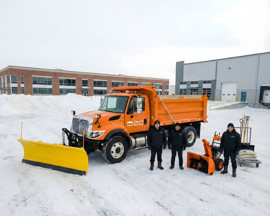 snowplow truck and snow blower clearing residential driveway Arlington MA
