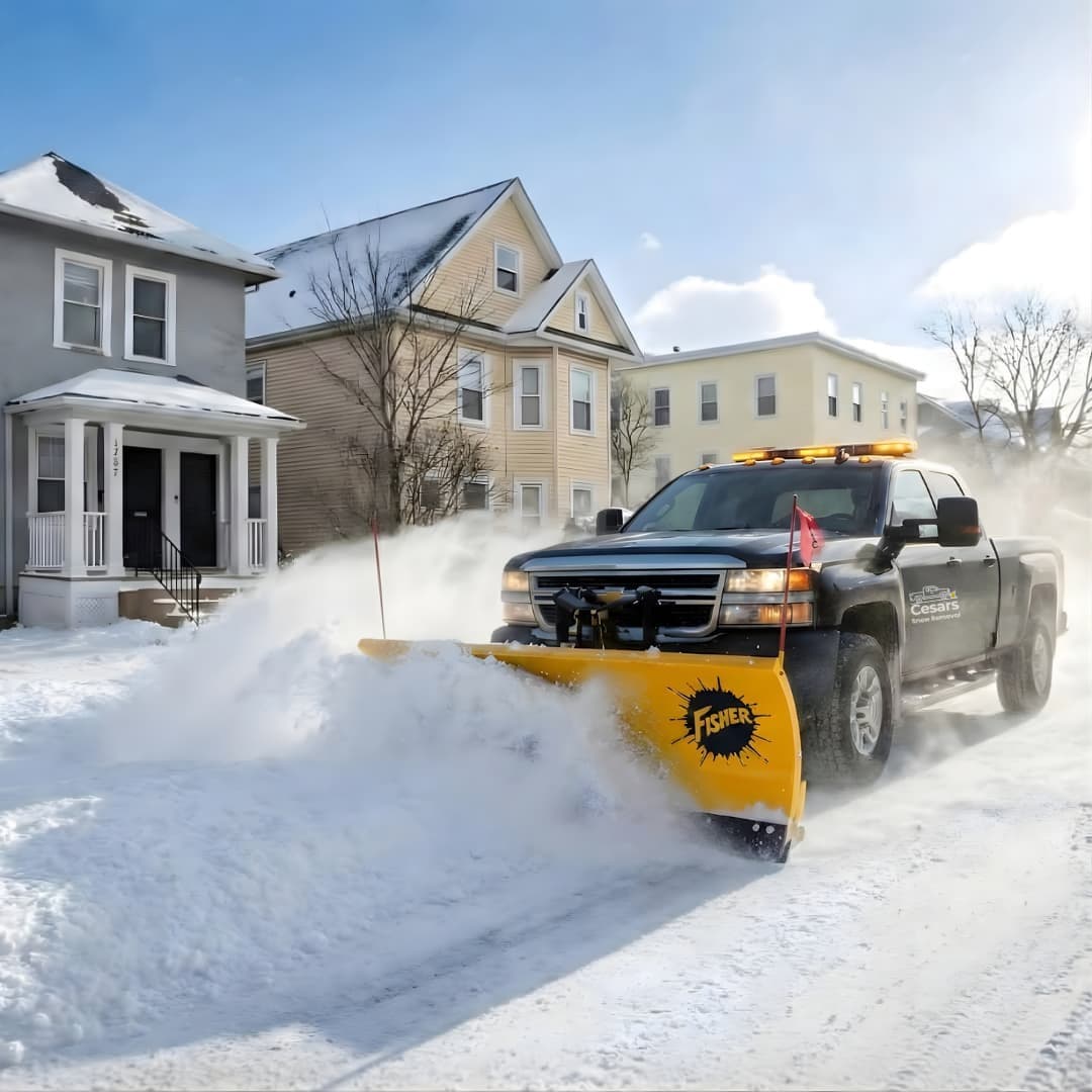 MAS-Snow Removal's comprehensive ice & snow management operation in Arlington MA, showing trucks, loaders, and team members clearing snow.