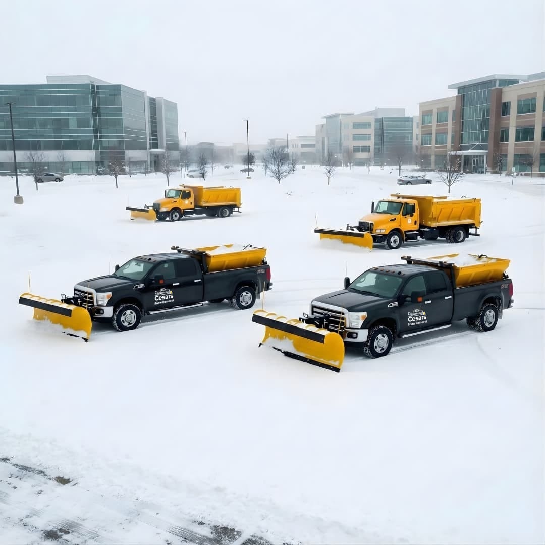 MAS-Snow Removal's large fleet of plowing and salting trucks ready for commercial snow plowing operations in Arlington MA.