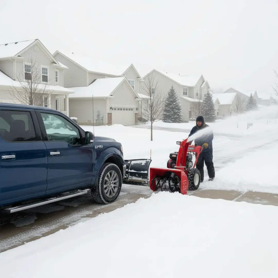 MAS-Snow Removal team member using a snow blower with a plowing truck, providing comprehensive residential snow removal in Arlington MA